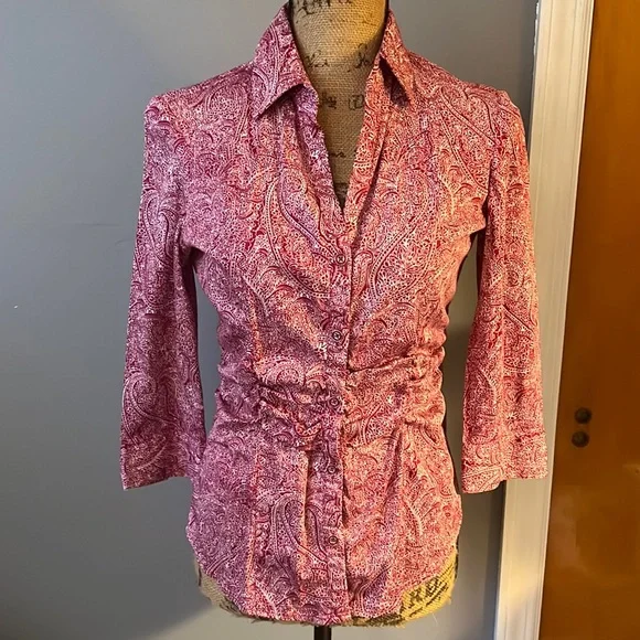 New York & Company Button Up Collared Blouse Quarter Sleeve Cinched Waist Size S - Picture 1 of 5